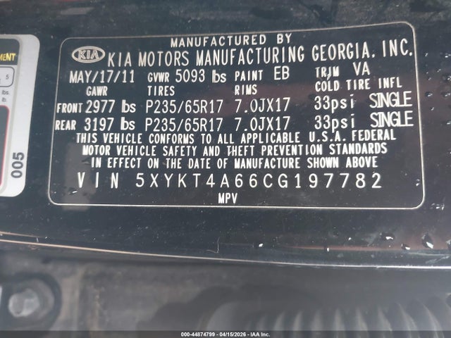 Aukcja sprzedaży 2012 Kia Sorento Lx, vin: 5XYKT4A66CG197782, numer aukcji: 44874799