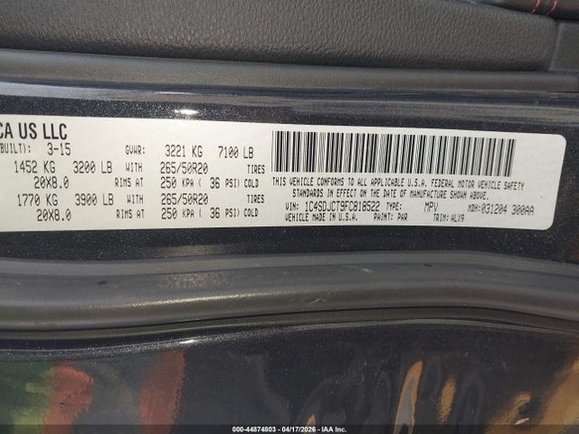 Продаж на аукціоні авто 2015 Dodge Durango R/t, vin: 1C4SDJCT9FC818522, номер лоту: 44874803