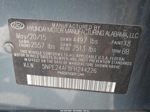 2015 Hyundai Sonata Se მანქანა იყიდება აუქციონზე, vin: 5NPE24AF8FH244226, აუქციონის ნომერი: 44874829