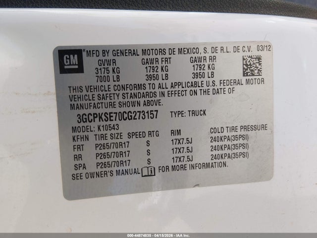 44874835 :رقم المزاد ، 3GCPKSE70CG273157 vin ، 2012 Chevrolet Silverado 1500 Lt مزاد بيع