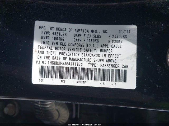 Продаж на аукціоні авто 2014 Honda Accord Sport, vin: 1HGCR2F53EA141973, номер лоту: 44874843