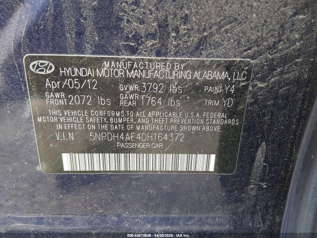 Aukcja sprzedaży 2013 Hyundai Elantra Gls/limited, vin: 5NPDH4AE4DH164372, numer aukcji: 44874846
