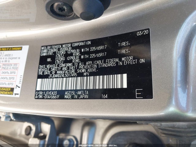 Aukcja sprzedaży 2020 Lexus Nx 300, vin: JTJDARDZ4L5017495, numer aukcji: 44874858