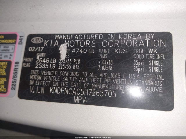 2017 Kia Sportage Ex მანქანა იყიდება აუქციონზე, vin: KNDPNCAC5H7265705, აუქციონის ნომერი: 44874861
