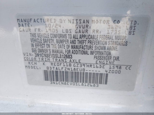 2025 Nissan Versa 1.6 Sv მანქანა იყიდება აუქციონზე, vin: 3N1CN8EV0SL812683, აუქციონის ნომერი: 44874877