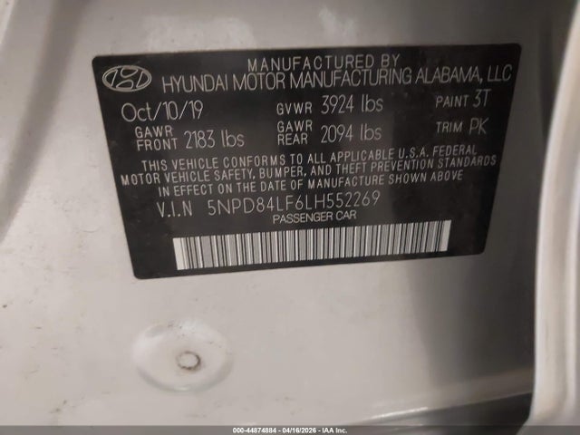 Aukcja sprzedaży 2020 Hyundai Elantra Sel, vin: 5NPD84LF6LH552269, numer aukcji: 44874884