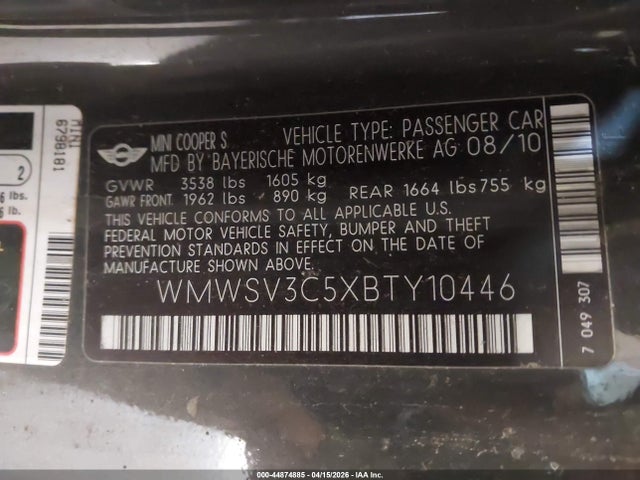 Aukcja sprzedaży 2011 Mini Cooper S, vin: WMWSV3C5XBTY10446, numer aukcji: 44874885