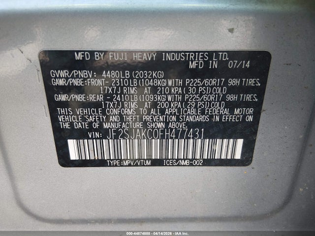 Aukcja sprzedaży 2015 Subaru Forester 2.5i Limited, vin: JF2SJAKC0FH477431, numer aukcji: 44874888