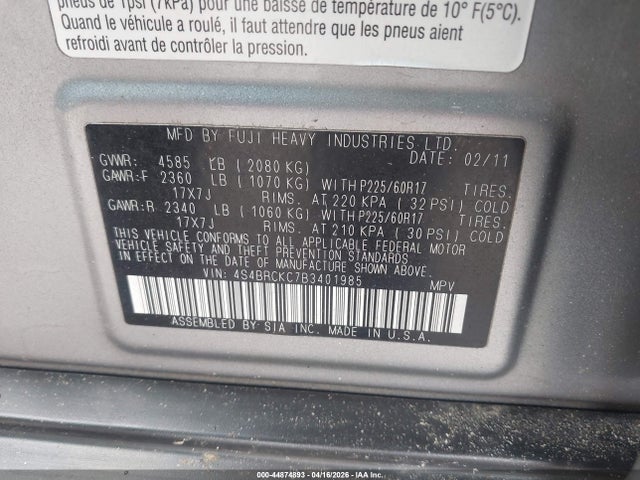 Aukcja sprzedaży 2011 Subaru Outback 2.5i Limited, vin: 4S4BRCKC7B3401985, numer aukcji: 44874893