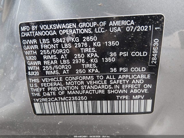 Продажа на аукционе авто 2021 Volkswagen Atlas Cross Sport 3.6l V6 Se W/technology R-line, vin: 1V2RE2CA7MC235250, номер лота: 44874901