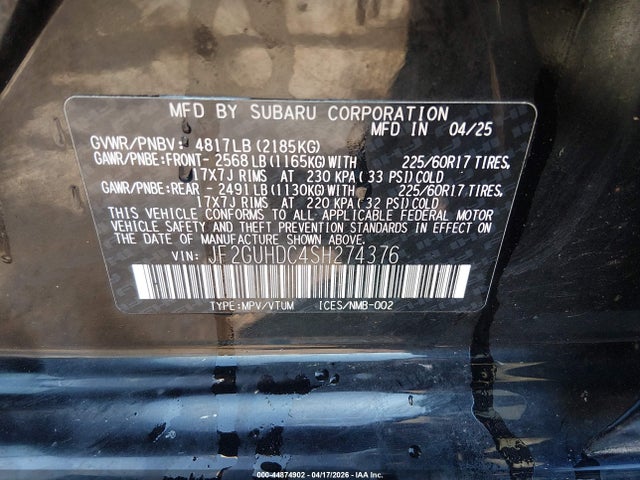 Aukcja sprzedaży 2025 Subaru Crosstrek Premium, vin: JF2GUHDC4SH274376, numer aukcji: 44874902