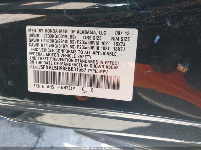 Продажа на аукционе авто 2014 Honda Odyssey Touring/touring Elite, vin: 5FNRL5H98EB031567, номер лота: 44874905