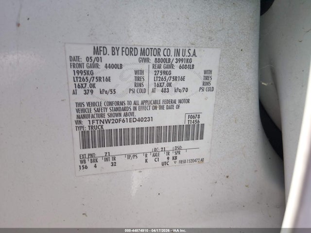 Aukcja sprzedaży 2001 Ford F-250 Lariat/xl/xlt, vin: 1FTNW20F61ED40231, numer aukcji: 44874910