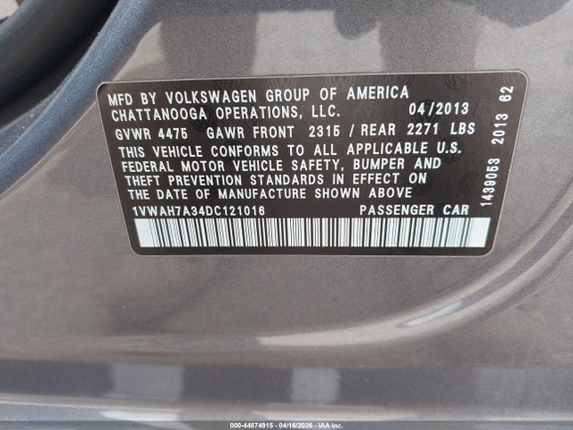 Aukcja sprzedaży 2013 Volkswagen Passat S, vin: 1VWAH7A34DC121016, numer aukcji: 44874915