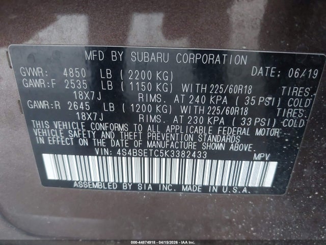 4S4BSETC5K3382433 Subaru Outback 3.6r Touring