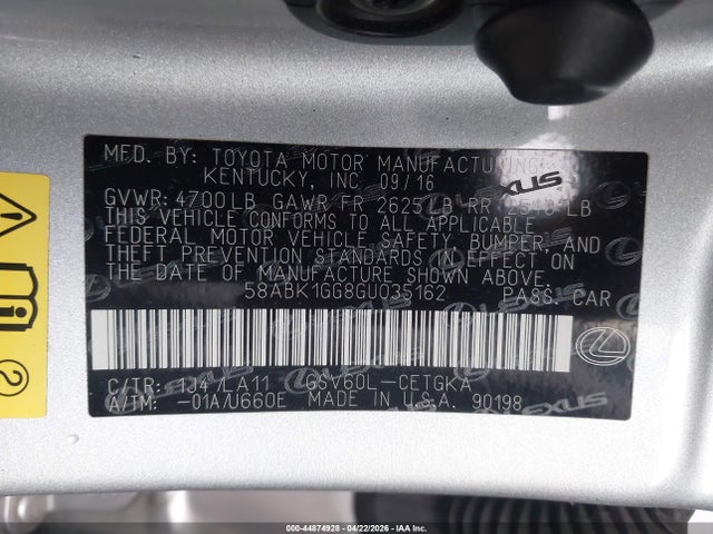 Aukcja sprzedaży 2016 Lexus Es 350, vin: 58ABK1GG8GU035162, numer aukcji: 44874928