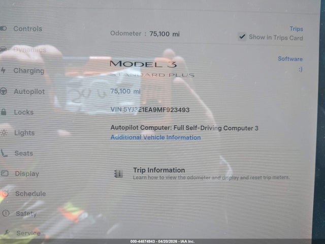44874943 :رقم المزاد ، 5YJ3E1EA9MF923493 vin ، 2021 Tesla Model 3 Standard Range Plus Rear-wheel Drive مزاد بيع