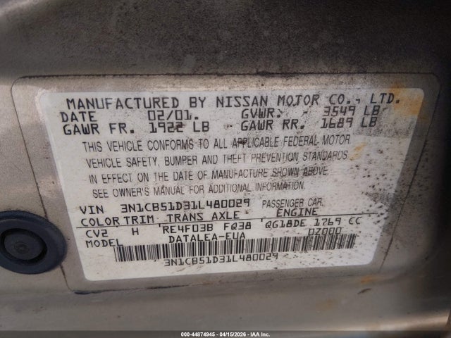 Продажа на аукционе авто 2001 Nissan Sentra Gxe, vin: 3N1CB51D31L480029, номер лота: 44874945
