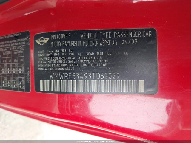 2003 Mini Cooper S მანქანა იყიდება აუქციონზე, vin: WMWRE33493TD69029, აუქციონის ნომერი: 44874950