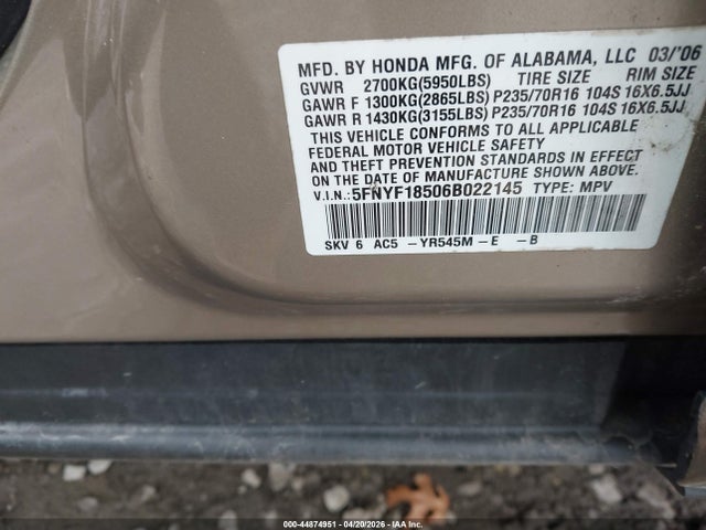 Aukcja sprzedaży 2006 Honda Pilot Ex-l, vin: 5FNYF18506B022145, numer aukcji: 44874951