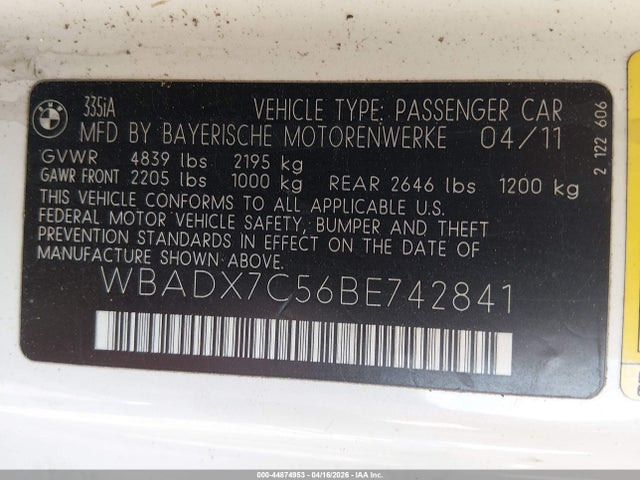 2011 Bmw 335i მანქანა იყიდება აუქციონზე, vin: WBADX7C56BE742841, აუქციონის ნომერი: 44874953