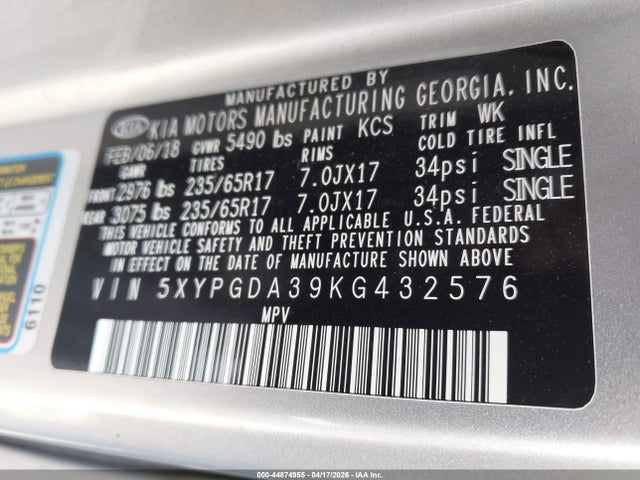 44874955 :رقم المزاد ، 5XYPGDA39KG432576 vin ، 2019 Kia Sorento 2.4l Lx مزاد بيع