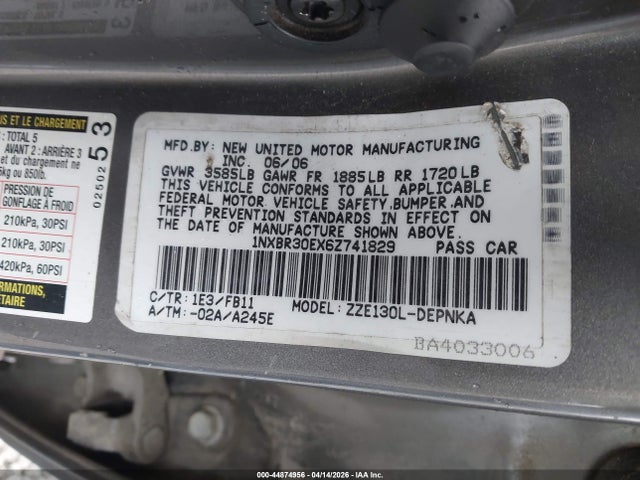 Aukcja sprzedaży 2006 Toyota Corolla Le, vin: 1NXBR30EX6Z741829, numer aukcji: 44874956