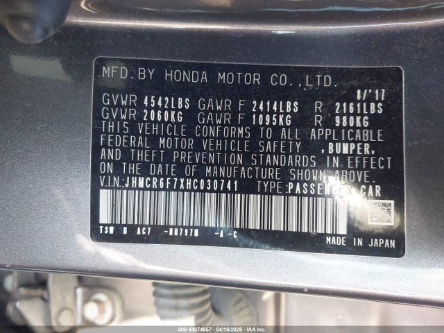 44874957 :رقم المزاد ، JHMCR6F7XHC030741 vin ، 2017 Honda Accord Hybrid Touring مزاد بيع
