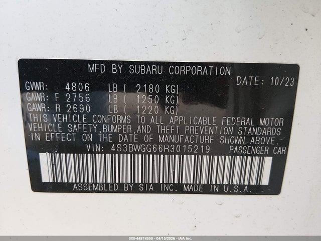 44874958 :رقم المزاد ، 4S3BWGG66R3015219 vin ، 2024 Subaru Legacy Sport مزاد بيع