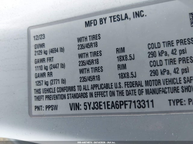 2023 Tesla Model 3 Rear-wheel Drive მანქანა იყიდება აუქციონზე, vin: 5YJ3E1EA6PF713311, აუქციონის ნომერი: 44874974