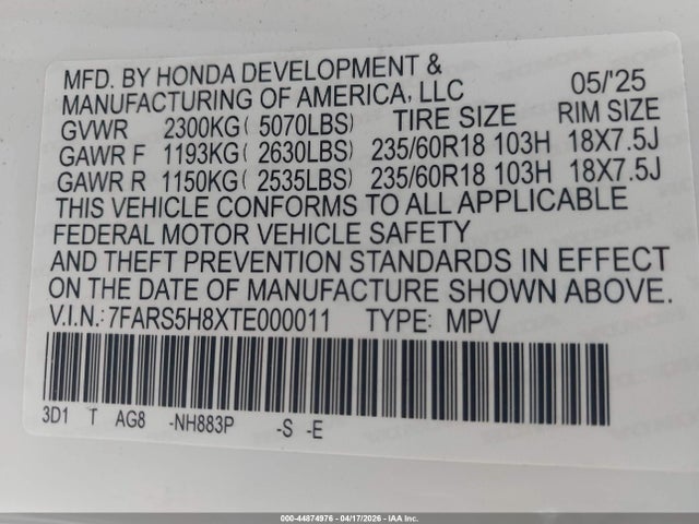 44874976 :رقم المزاد ، 7FARS5H8XTE000011 vin ، 2026 Honda Cr-v Hybrid 2wd Sport-l مزاد بيع