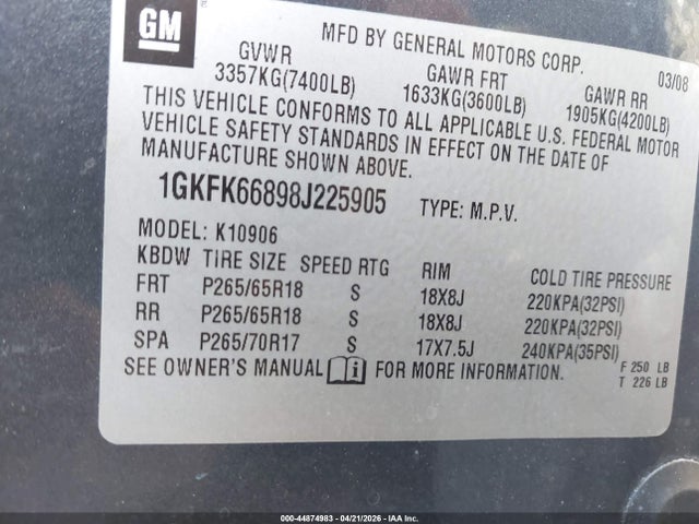 Aukcja sprzedaży 2008 Gmc Yukon Xl 1500 Denali, vin: 1GKFK66898J225905, numer aukcji: 44874983