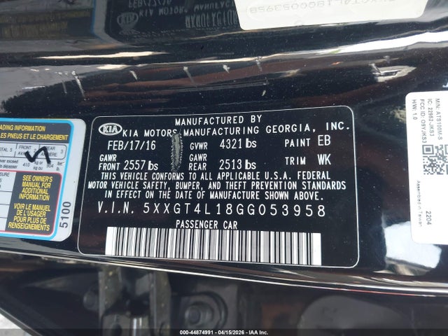 Aukcja sprzedaży 2016 Kia Optima Lx Turbo, vin: 5XXGT4L18GG053958, numer aukcji: 44874991