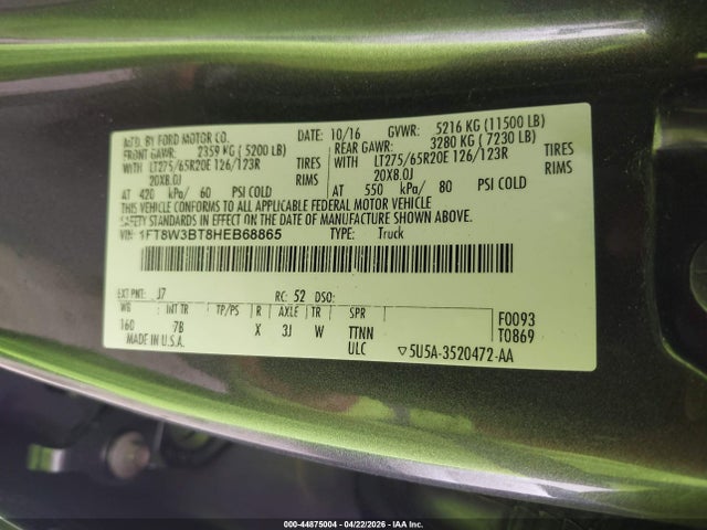 2017 Ford F-350 Platinum მანქანა იყიდება აუქციონზე, vin: 1FT8W3BT8HEB68865, აუქციონის ნომერი: 44875004