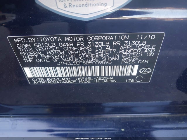 44875003 :رقم المزاد ، JTHCL5EF8B5009595 vin ، 2011 Lexus Ls 460 مزاد بيع