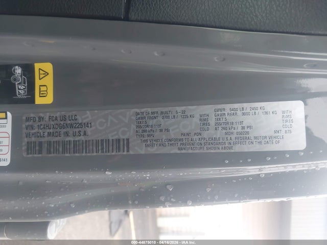 Продажа на аукционе авто 2022 Jeep Wrangler Unlimited Sport Altitude 4x4, vin: 1C4HJXDG6NW225141, номер лота: 44875010