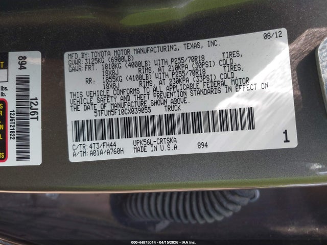 Продажа на аукционе авто 2012 Toyota Tundra Grade 4.6l V8, vin: 5TFUM5F10CX039055, номер лота: 44875014