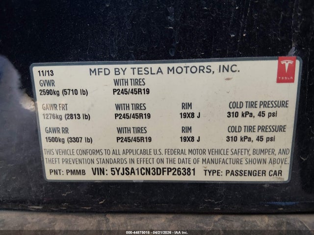 Aukcja sprzedaży 2013 Tesla Model S, vin: 5YJSA1CN3DFP26381, numer aukcji: 44875018