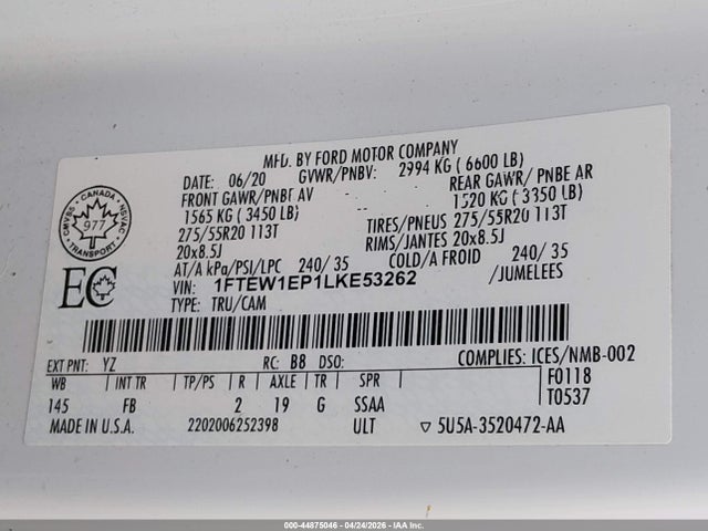 Aukcja sprzedaży 2020 Ford F-150 Xlt, vin: 1FTEW1EP1LKE53262, numer aukcji: 44875046