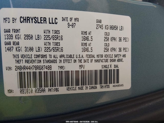 2008 Chrysler Town & Country Lx მანქანა იყიდება აუქციონზე, vin: 2A8HR44H78R607488, აუქციონის ნომერი: 44875048