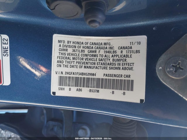 44875050 :رقم المزاد ، 2HGFA1F54BH529984 vin ، 2011 Honda Civic Lx مزاد بيع