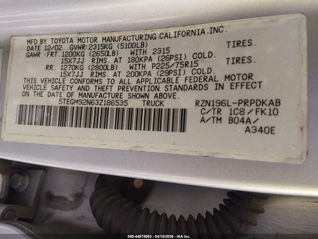 44875063 :رقم المزاد ، 5TEGM92N63Z186535 vin ، 2003 Toyota Tacoma Prerunner مزاد بيع