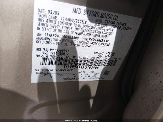 Aukcja sprzedaży 2005 Ford Five Hundred Sel, vin: 1FAFP24115G163409, numer aukcji: 44875068