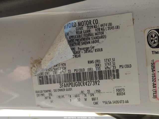 Aukcja sprzedaży 2012 Ford Fusion Sel, vin: 3FAHP0JG0CR427392, numer aukcji: 44875078