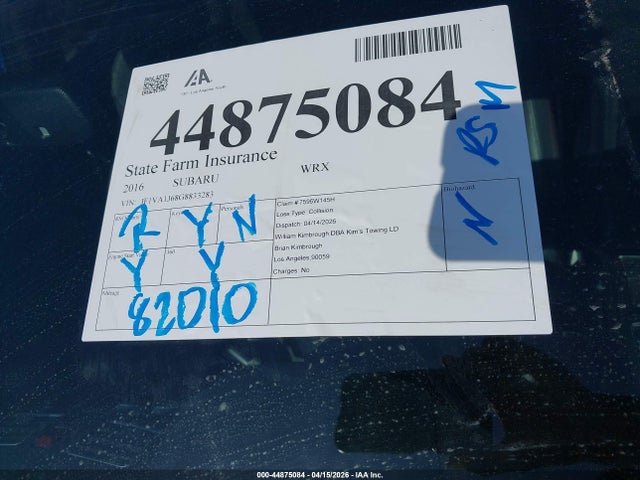 44875084 :رقم المزاد ، JF1VA1J68G8833283 vin ، 2016 Subaru Wrx Limited مزاد بيع