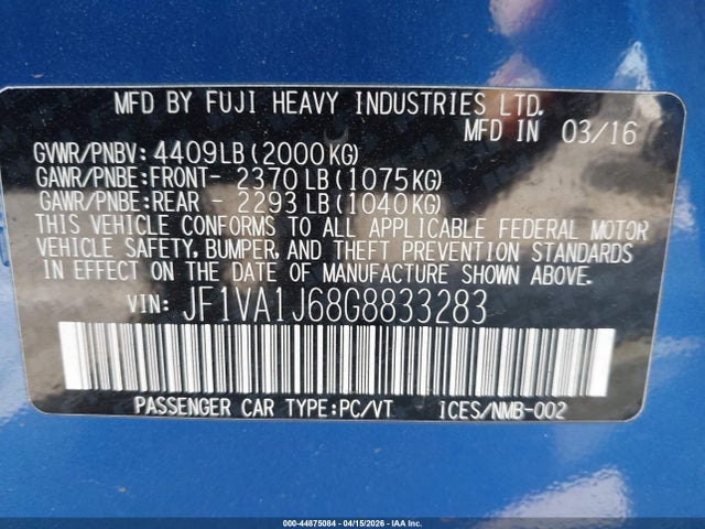 44875084 :رقم المزاد ، JF1VA1J68G8833283 vin ، 2016 Subaru Wrx Limited مزاد بيع