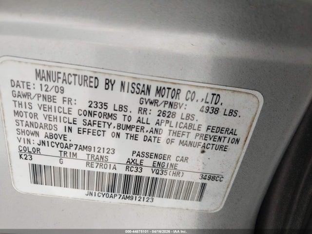 44875101 :رقم المزاد ، JN1CY0AP7AM912123 vin ، 2010 Infiniti M35 مزاد بيع
