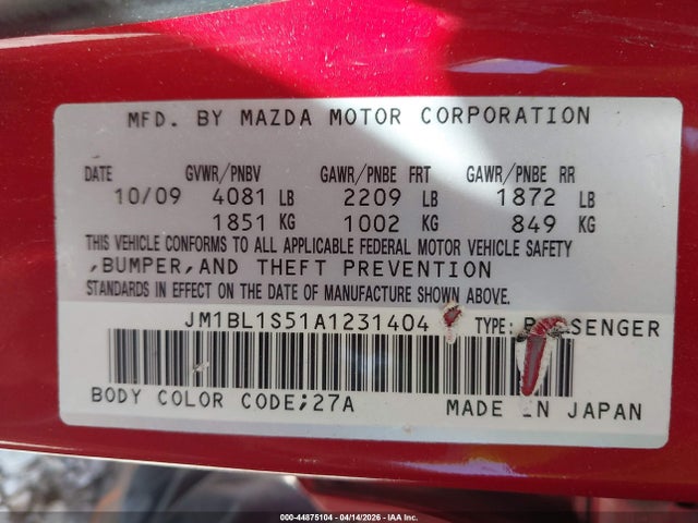 2010 Mazda Mazda3 S Grand Touring მანქანა იყიდება აუქციონზე, vin: JM1BL1S51A1231404, აუქციონის ნომერი: 44875104