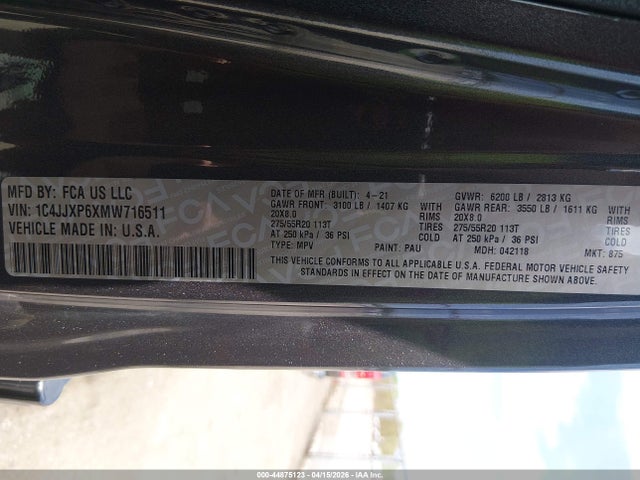 Продажа на аукционе авто 2021 Jeep Wrangler 4xe Unlimited Sahara 4x4, vin: 1C4JJXP6XMW716511, номер лота: 44875123