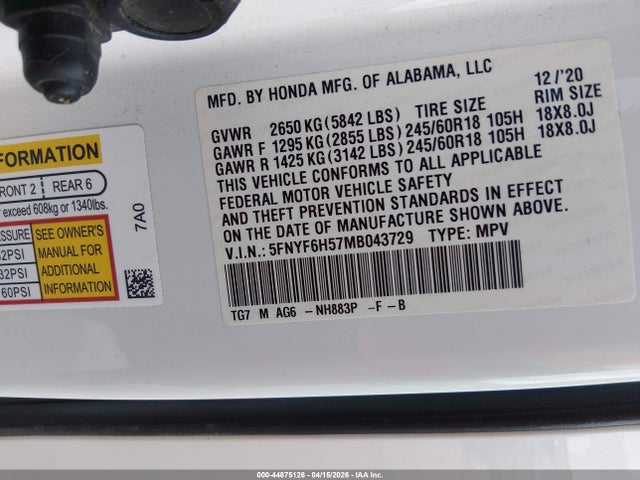 Продажа на аукционе авто 2021 Honda Pilot Awd Ex-l, vin: 5FNYF6H57MB043729, номер лота: 44875126